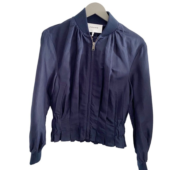 Frame Pleated Linen Bomber Style Jacket Size XS Navy Blue - Picture 3 of 6